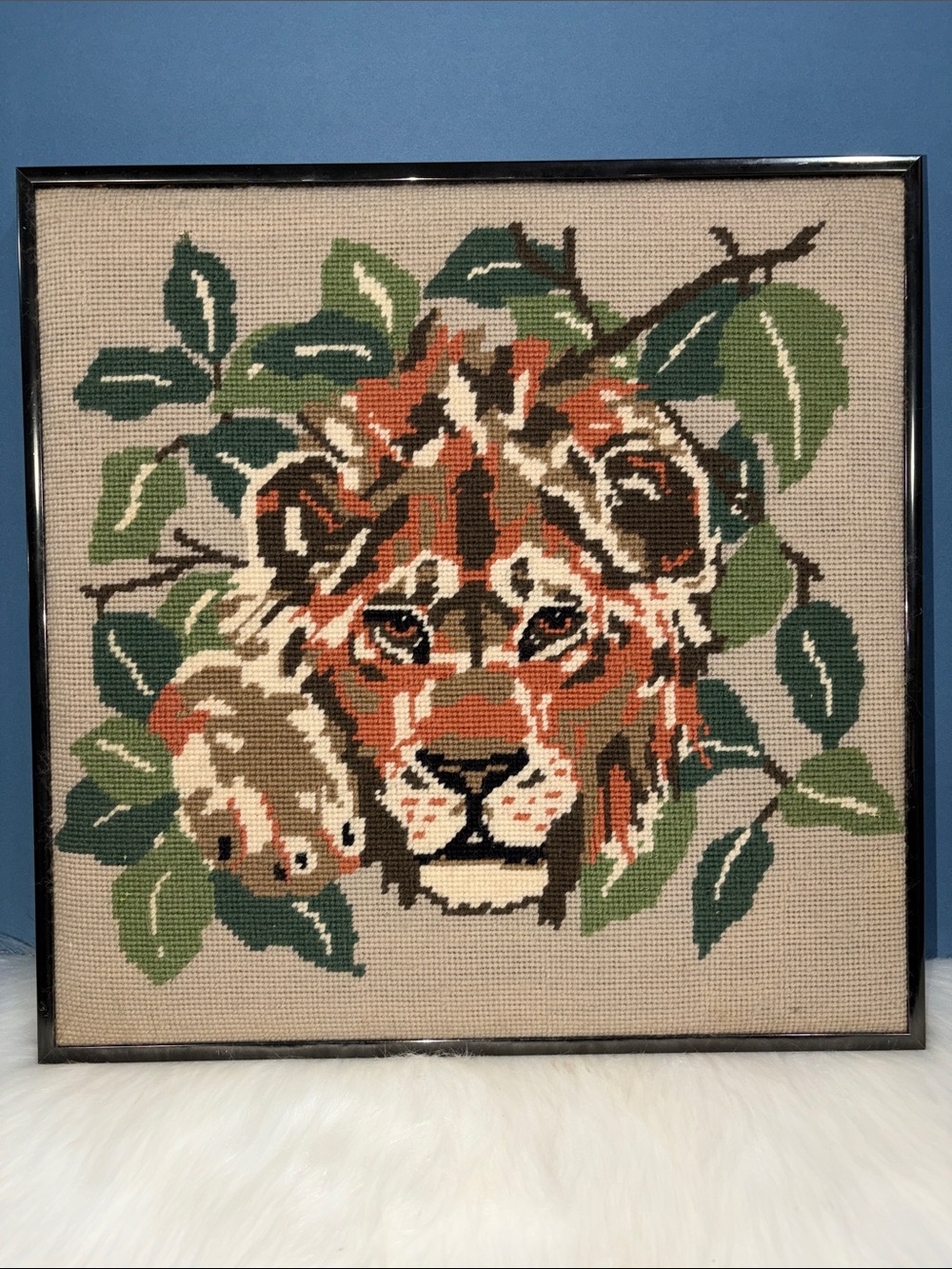 Vintage Framed Lion Needlepoint Wall Art in Green and Brown